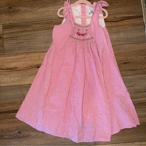 Hand Smocked Pink Gingham Seersucker Just Ducky Summer Crocodile Dress Size 6